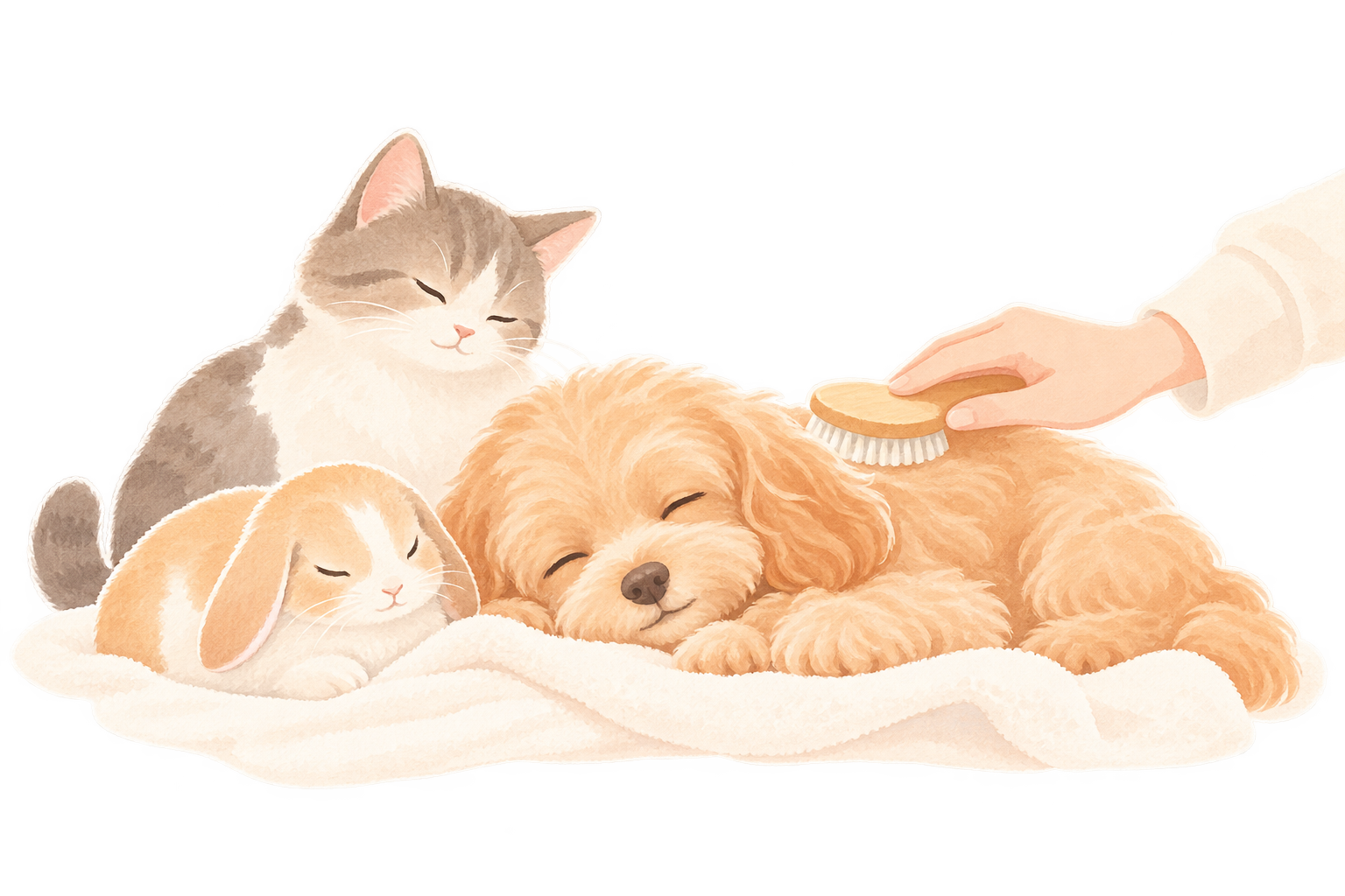 犬の毛並みをやさしくブラッシングし、猫とうさぎがそばでくつろぐイラスト