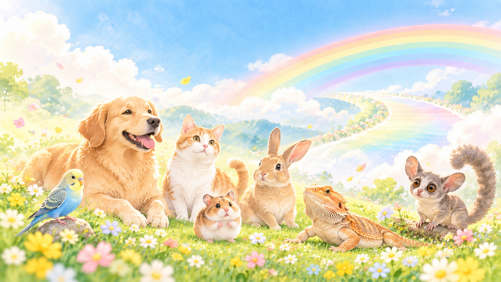 虹の橋のそばで犬、猫、うさぎ、鳥、ハムスター、フトアゴヒゲトカゲ、ショウガラゴが穏やかに過ごすイラスト
